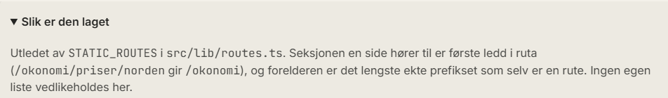 «Slik er den laget»-boksen under «Sider i kartet»: sidene er utledet av portalens ruteregister, ingen egen liste vedlikeholdes.